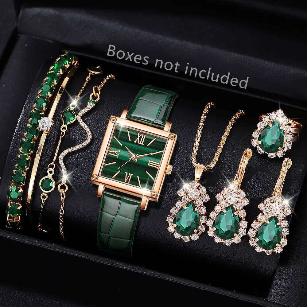 free shipping 9PCS Green Women's Fashion Trend Simple Rectangular Dial Quartz Watch Bracelet Necklace Earrings Set Perfect Gift free