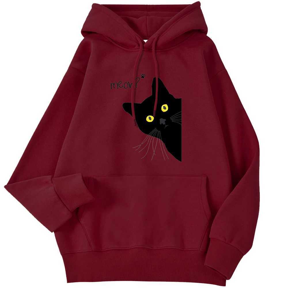 Winter Women Hoodies Meow Black Cat Printed Pullover Pocket Drop Sweatshirt Breathable Loose Sweatshirts Cute Ladies Clothes XJ250717