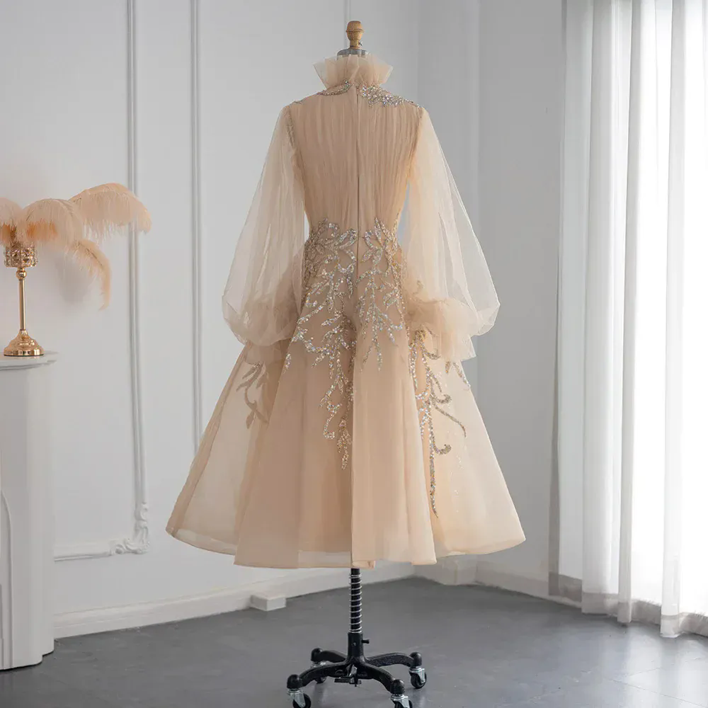 Arabic African Long Puffy Sleeves Prom Dresses High Neck A Line Evening Gowns Plus Size Custom Made Reception Dress Robe de soriee Customized