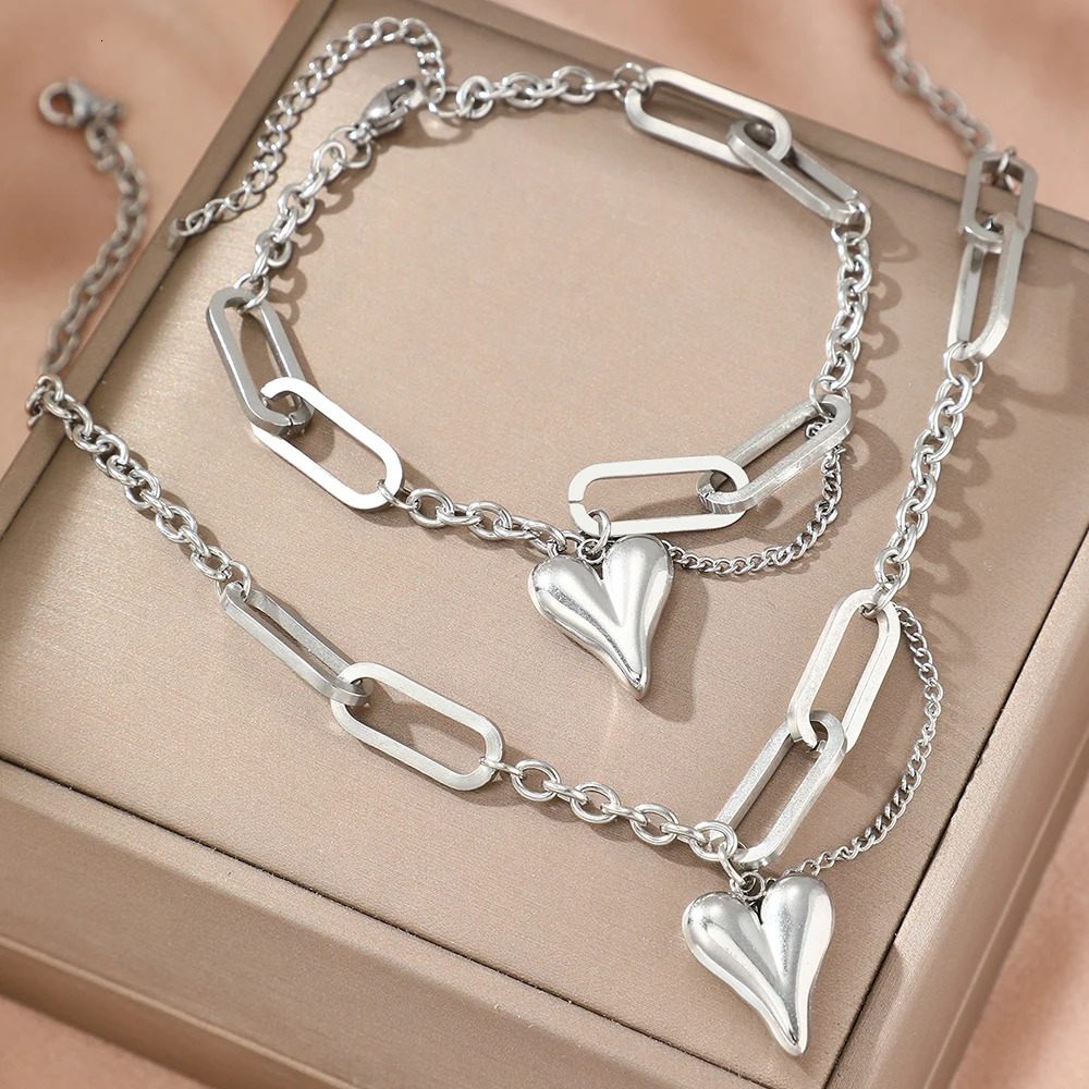 Stainless steel combination of two sets of light retro heart-shaped irregular chain womens jewelry daily matching 250715