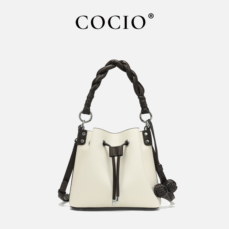 COCIO designer contrasting leather bucket bag womens fashionable armpit bag casual shoulder crossbody bag