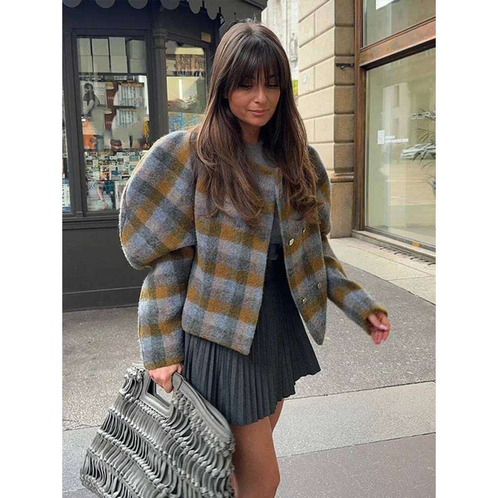 Plaid Round Neck Women Short Jacket Elegant Oversize Full Sleeves Double Breasted Coat New Fall Winter Commute Outcoat Top
