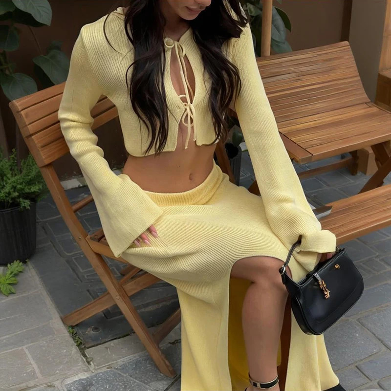 Tornova Knitted Long Skirt Suit Female Lace Up Flare Sleeve Cardigan Sweater Split High Waist Skirts Womens Dress Sets 250714