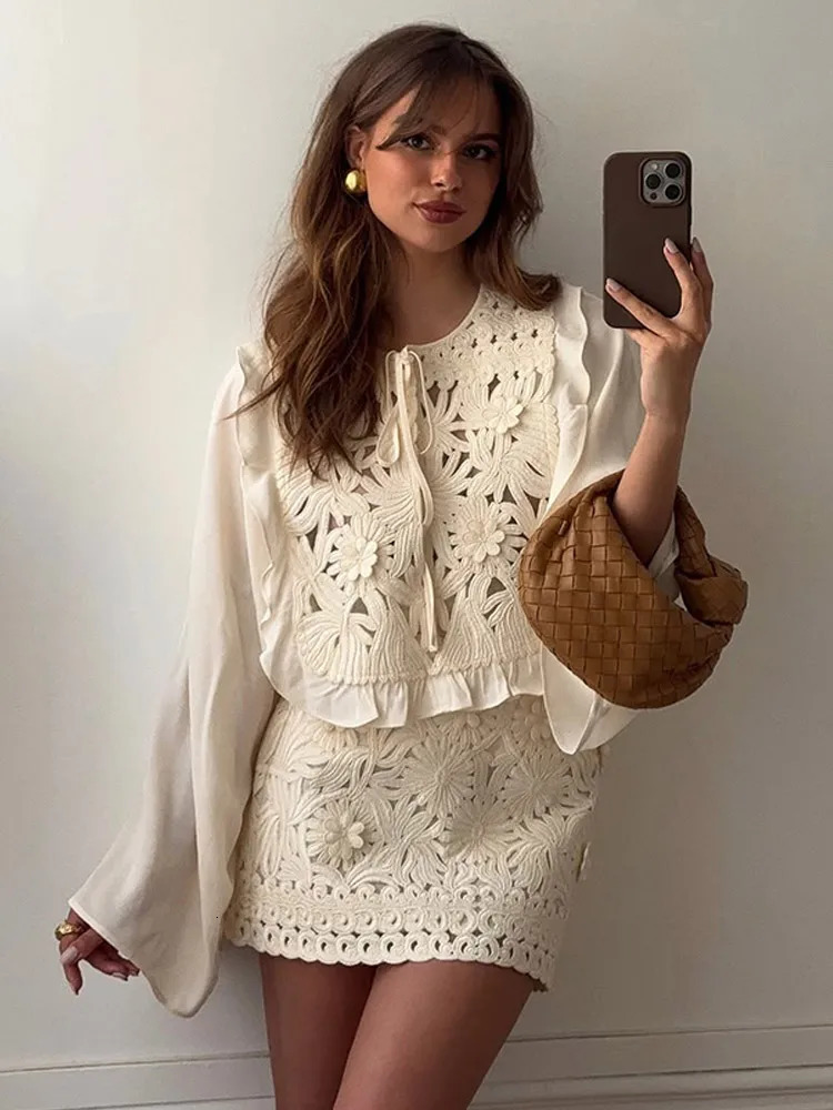 Retro Crochet Patchwork Mini Skirt Suits Women Chic O Neck Long Sleeve Lace Up Shirts Set Lady Summer High Street Outwear 2025 250715