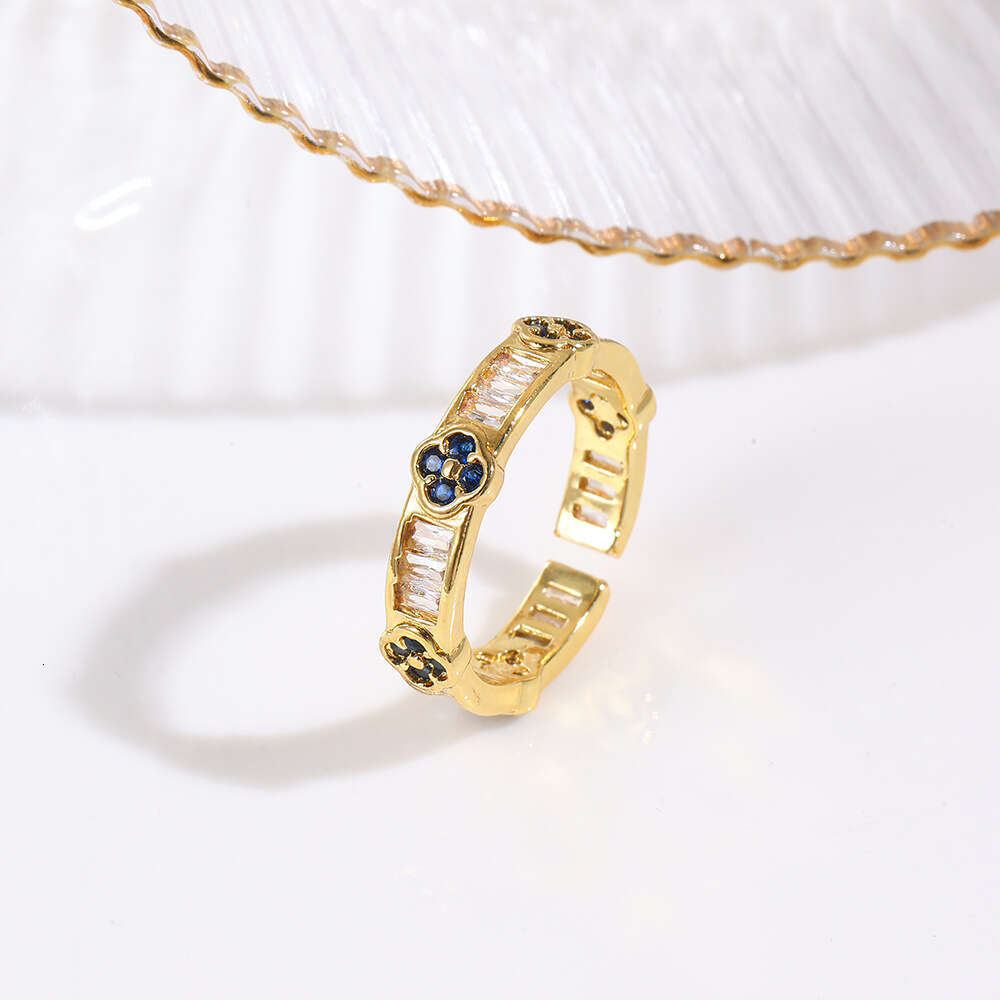 designer Elegant Light Colorful Zircon Four-Leaf Clover Open Fashion Trendy Flower Petal Women's Ring