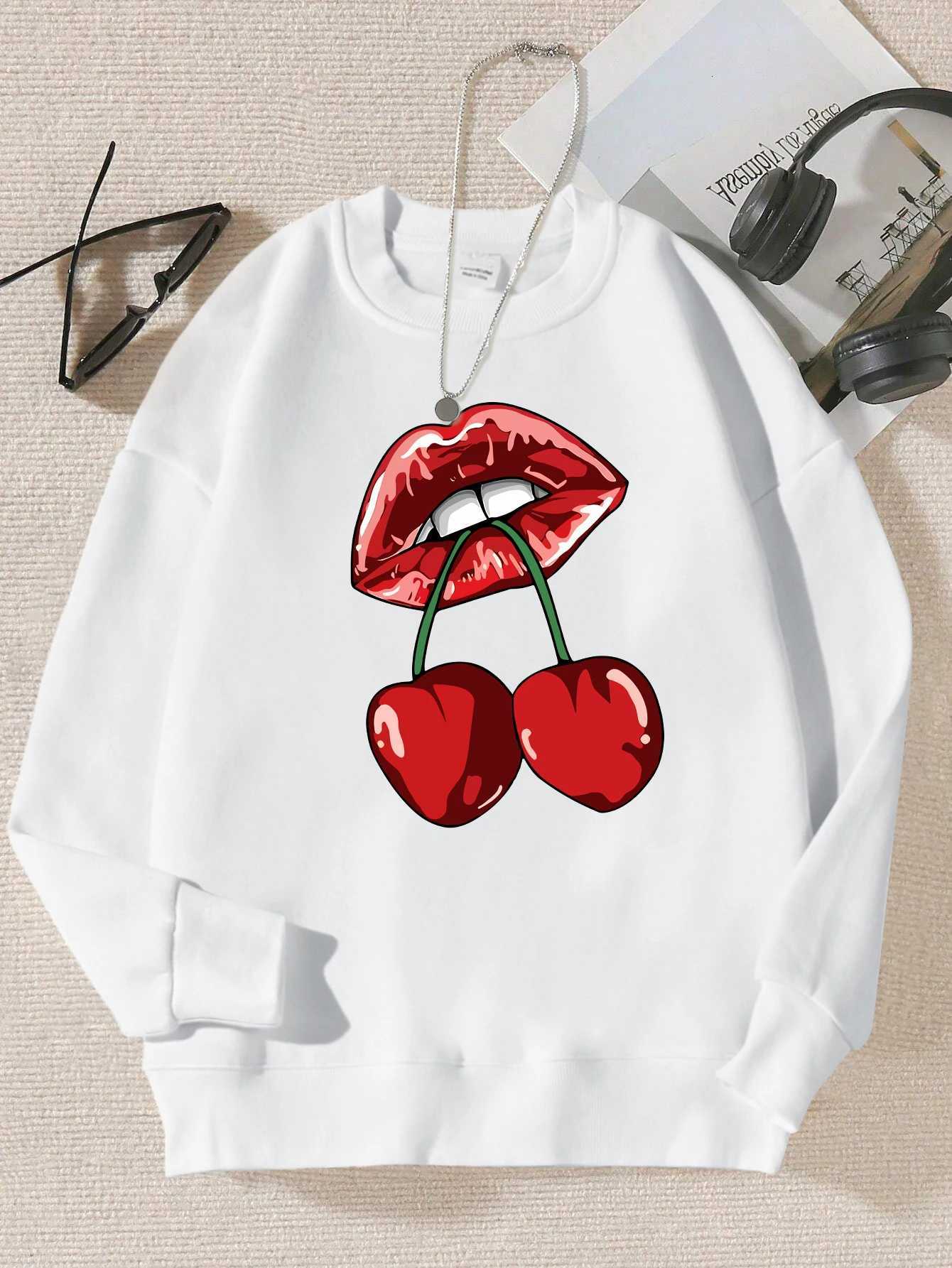 Cherrys In The Mouth Design Print Sweatshirt For Women Simple Soft Sweatshirts Street Loose Pullover Autumn Casual Unisex Top XJ250717