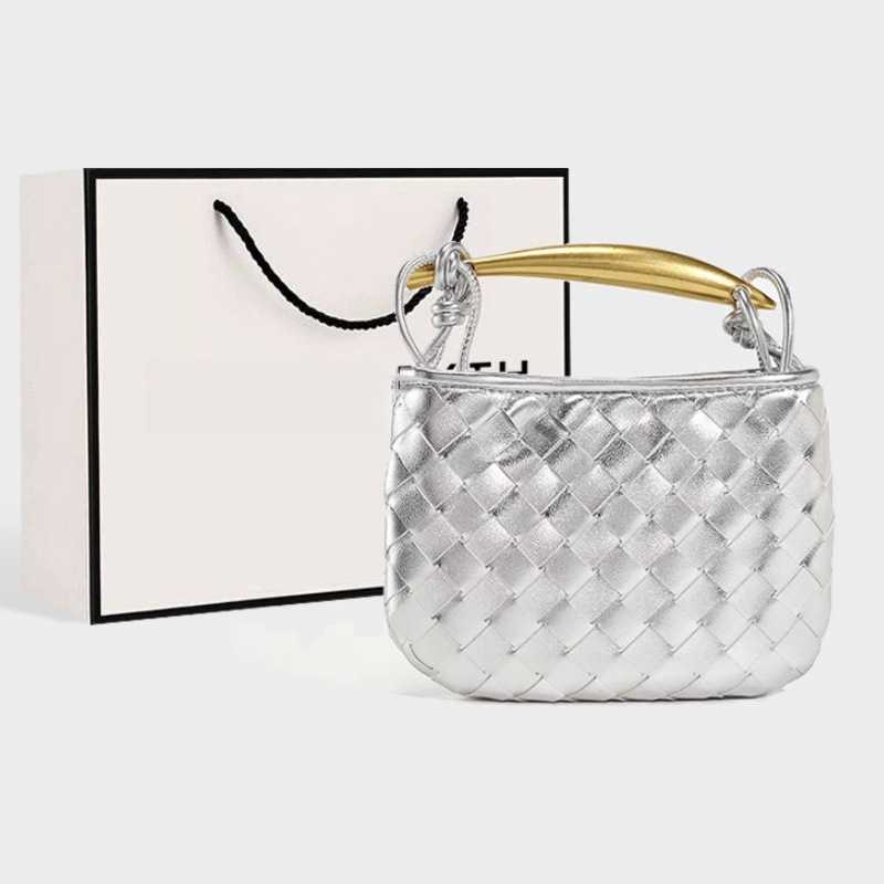 New Silver Sardine Hand Woven Bag High Quality Metal Handle Soft Leather Shoulder Crossbody Bags Women Handbags 250718