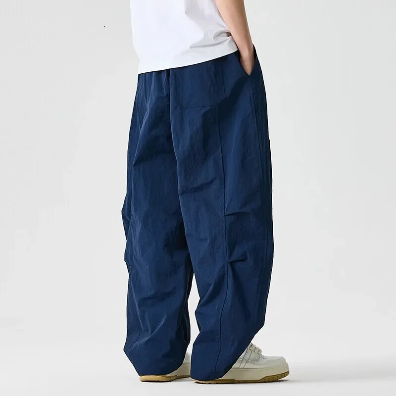 Wide leg Pants Men Harajuku Japanese Style Loose Casual Pants Men Solid Comfortable Elastic Waist Trouser Outdoor Walking Hiking 250715