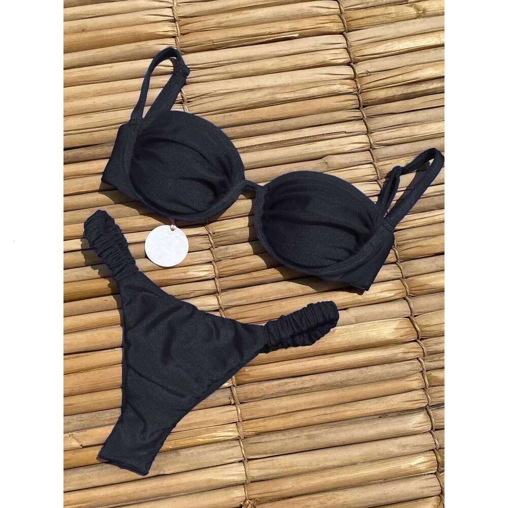 Push Up 2025 Sexy Women Swimsuit Female Swimwear Floral Bikini Set Brazilian Biquini Swimming Suit Solid Shiny Beachwear