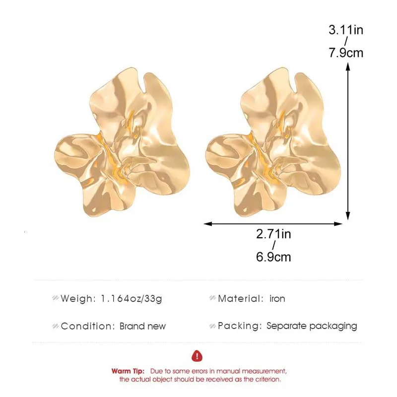 Vintage Metal Irregular Pleated Stud Earrings for Women Exaggerated Gold Color Large Geometric Statement Party Jewelry 250715
