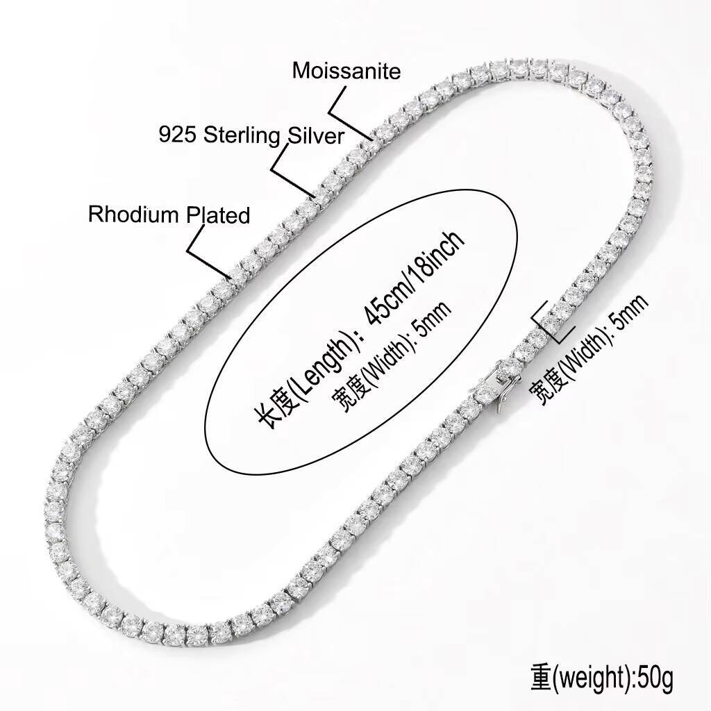 Hot Selling Fashion Hip Hop 3-6mm S925 Silver VVS Moissanite Diamond Rapper Tennis Chain Necklace with GRA Certificate