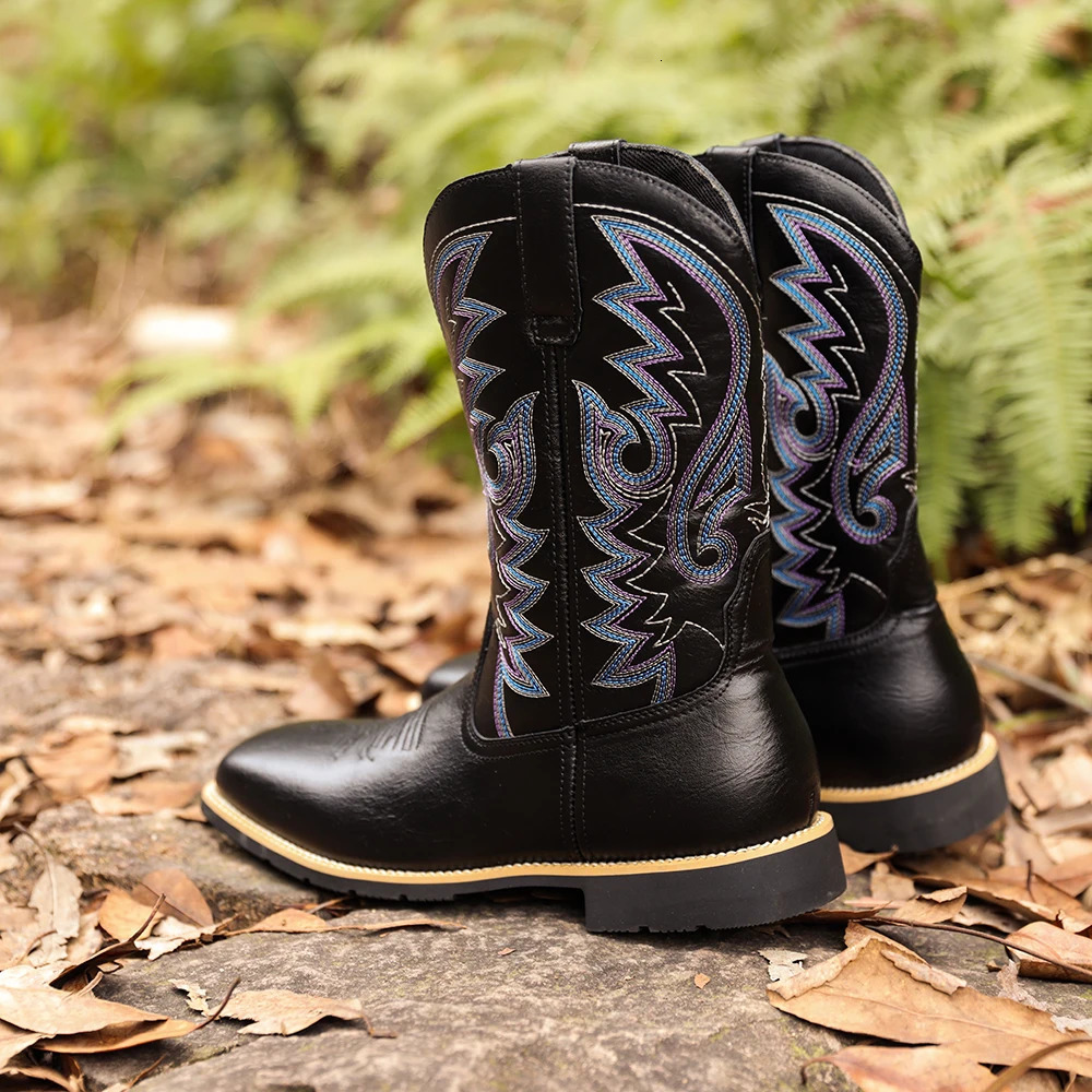 Mens creative pattern embroidered retro rope boots wide-toed mens cowboy boots high-top riding 250715