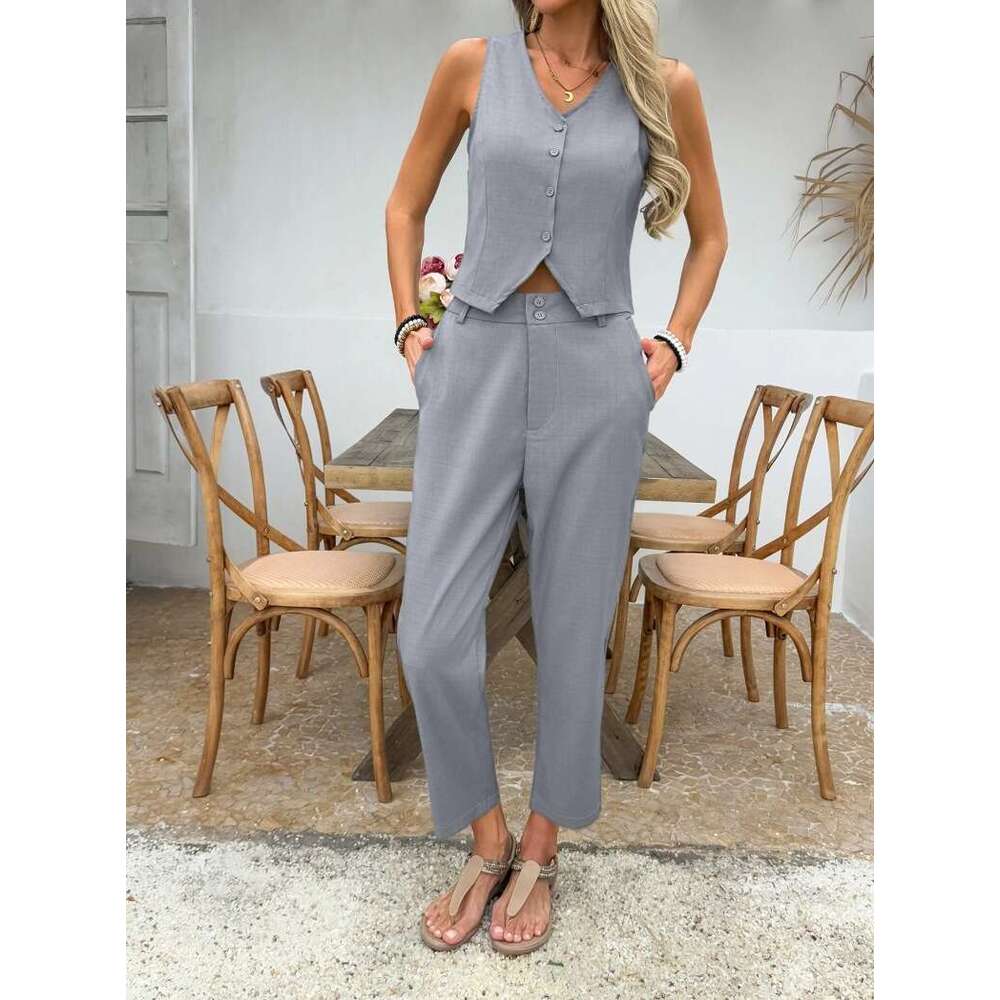 Summer Women's Clothing Spring New V-Neck Sleeveless Vest And Dress Pants Casual Set B5