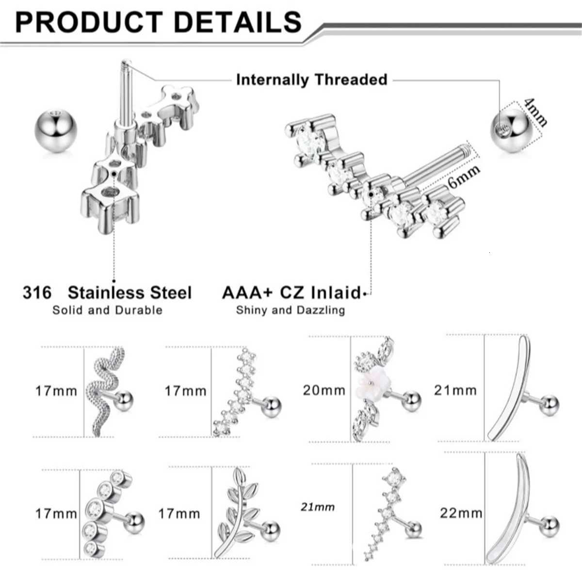 2Pcs 16G Stainless Steel Screw Back Stud Earrings for Women Cubic Zirconia Cartilage Conch Helix Ear Piercing Jewelry X250718