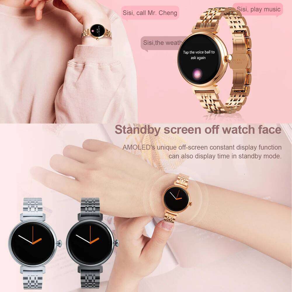 1.04 inch AMOLED Fashion Ladies Smart Always Display Bluetooth Call Smartwatch Metal Body Small Screen Watch free shipping