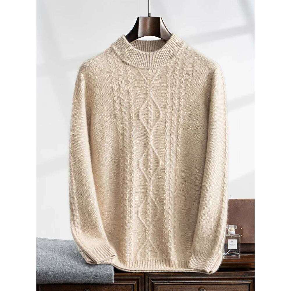High Quality Men's 100% Cashmere Sweater Mock Neck Pullover Autumn Winter Thick Long Sleeve Soft Warm Knit Clothing Korean Tops