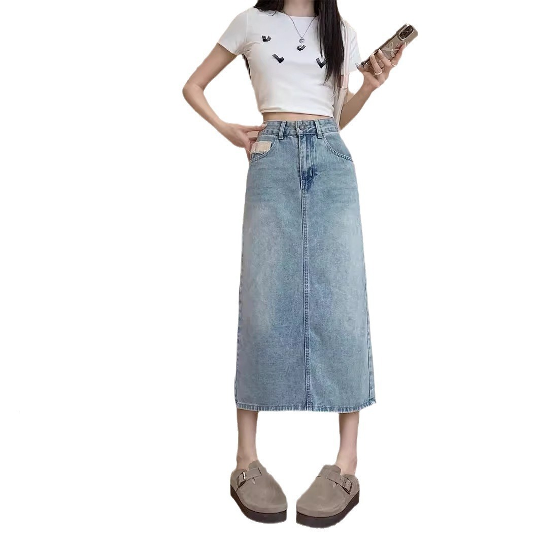 New Summer High Waist A-Line Denim for Women Plus Size Slimming Mid-Length Slit Bodycon Skirt