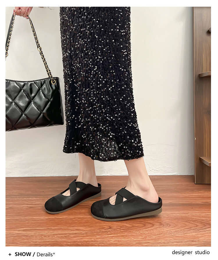 Su Yinyin Boken Women, Closed-Toe Half-Slip Mules, 2025 Korean Version Cross Strap Thick-Soled Casual Shoes for Women