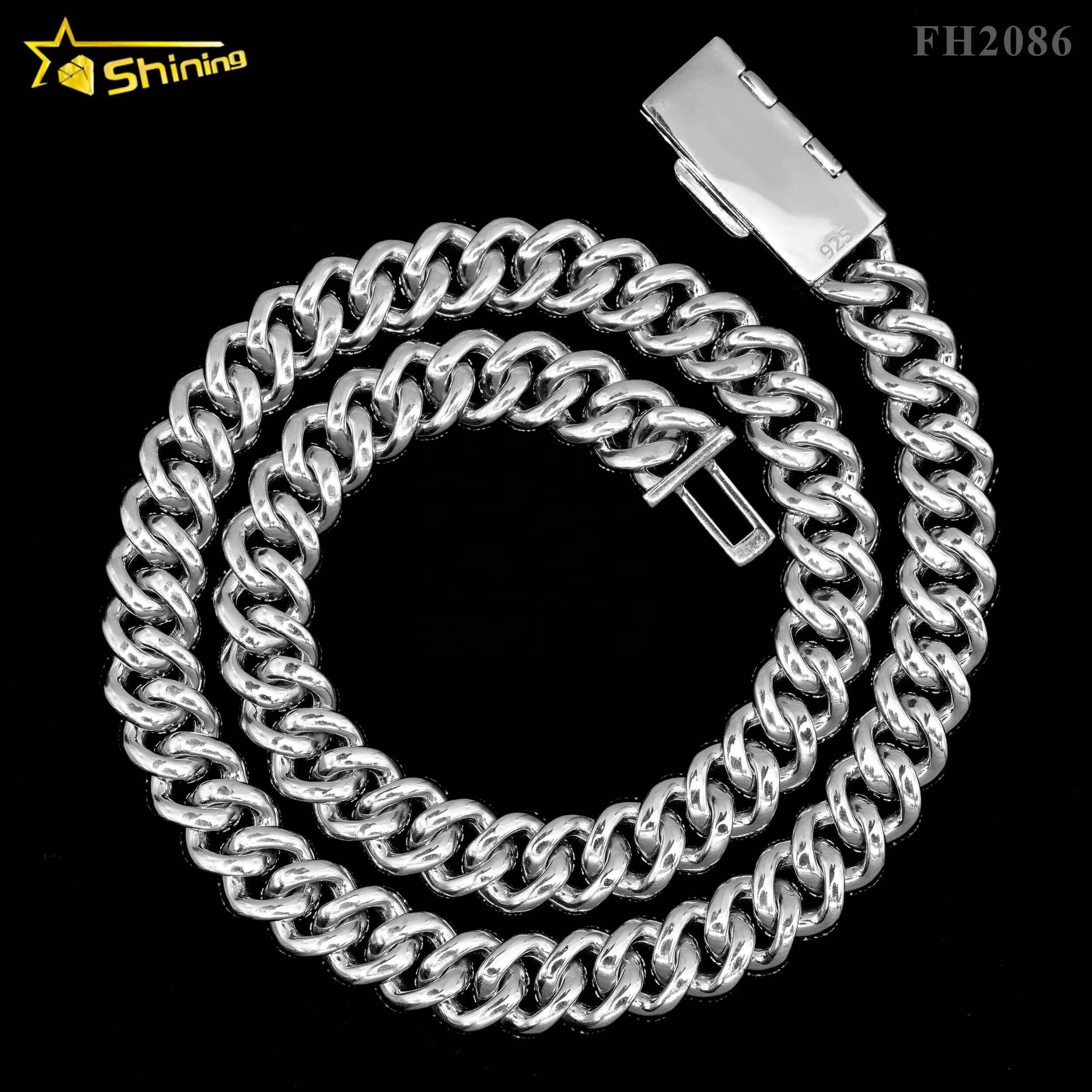 Pass Diamond Tester 12MM 3 Rows Moon Shape Hip Hop Necklace Moissanite Silver Cuban Link Chain