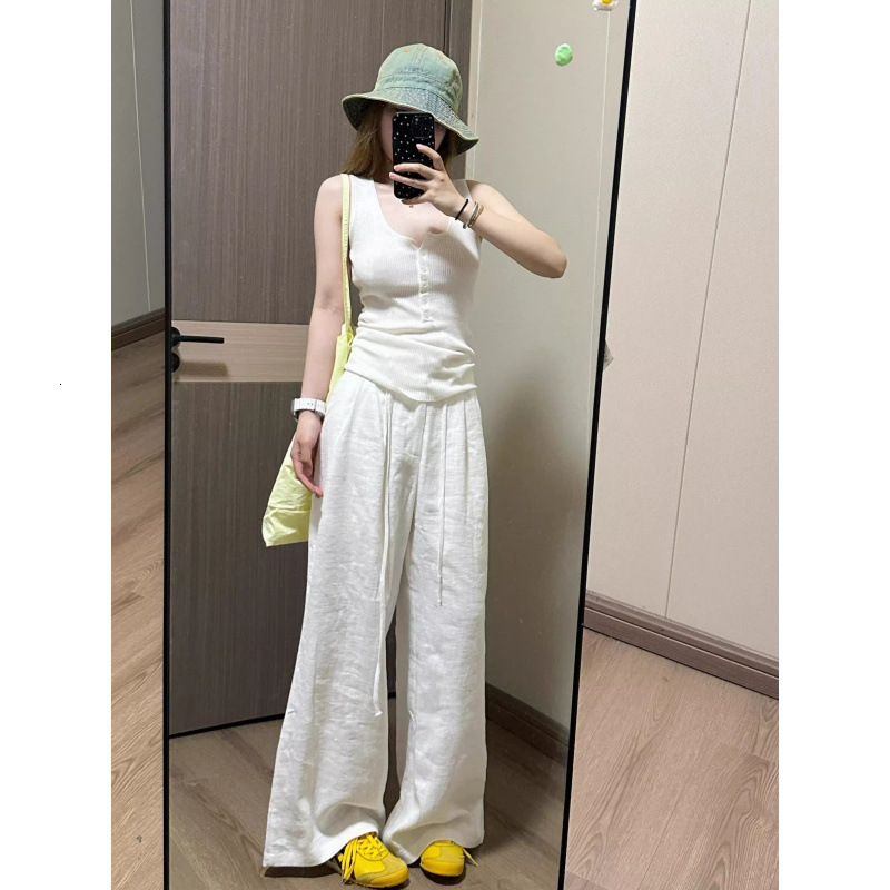 Extended White Wide-Leg for Women Summer Thin High-Waisted Cotton Loose Straight-Leg Linen Casual Pants