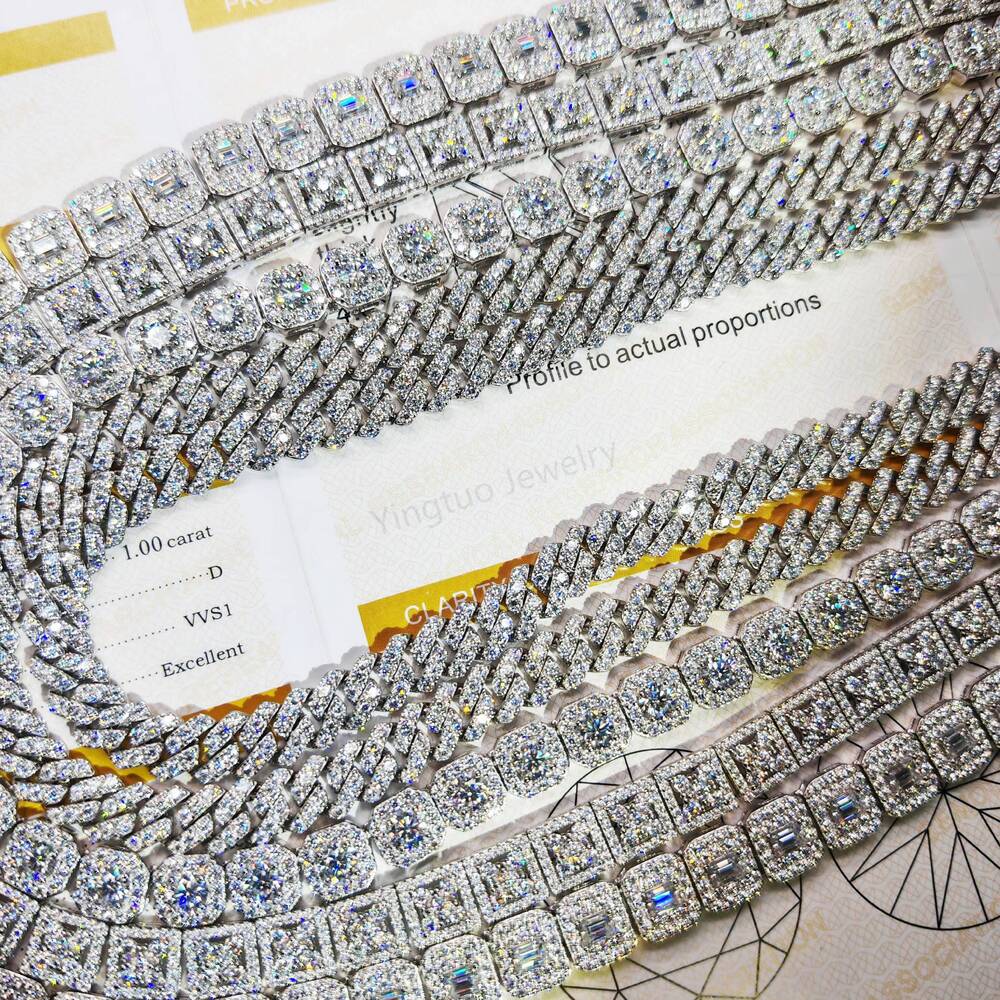 925 Silver Ice Cut D VVS Moissanite Tennis Chain Necklace Bracelet Hiphop Cuban Link Chain with GRA Certification