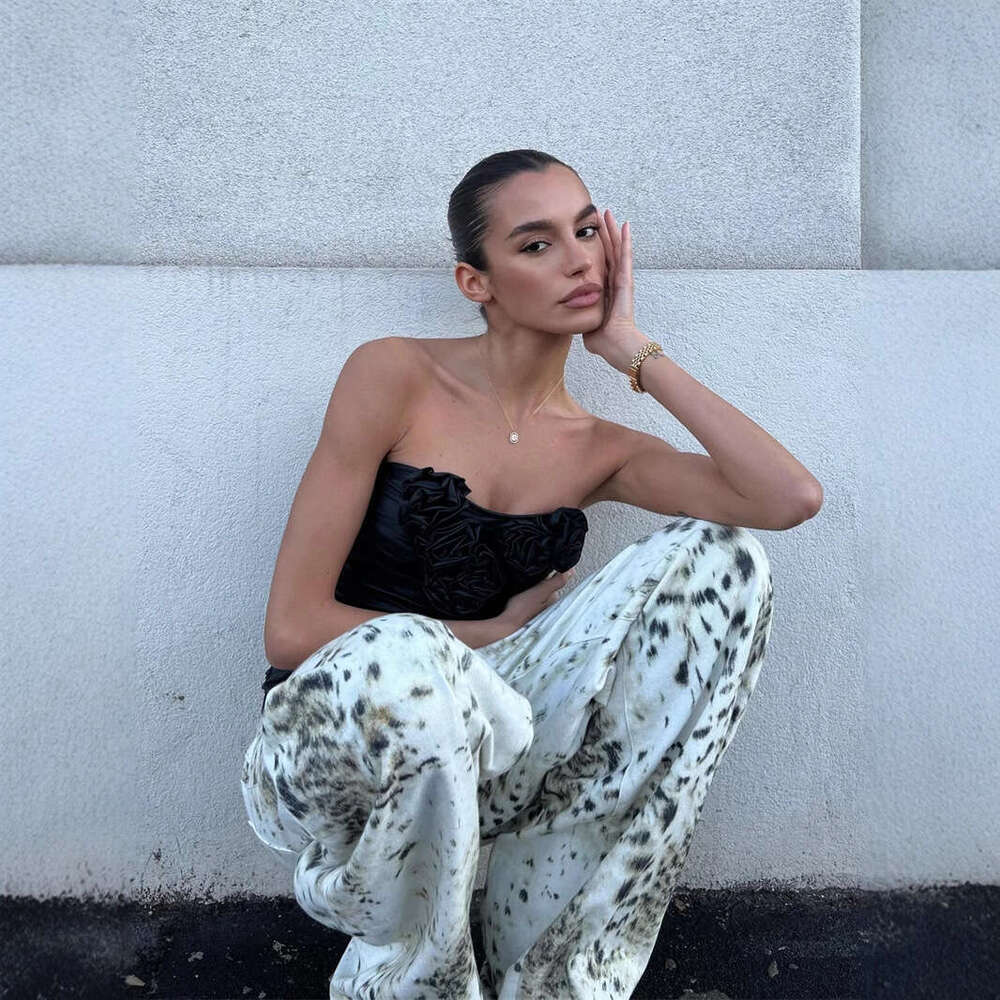 American Style Washed Leopard Print Jeans For Women Street Fashion Wide Leg Floor-Length Loose Casual Pants B5