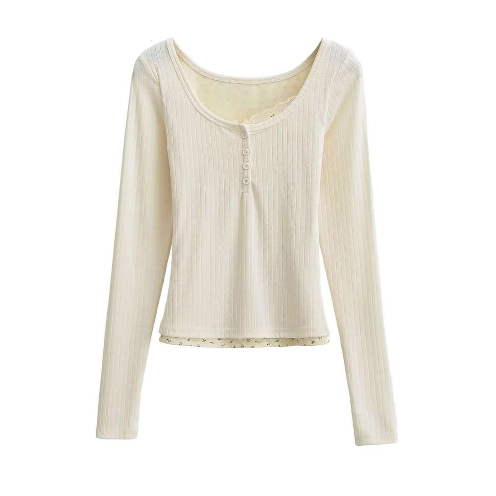 Fake Two-Piece Long Sleeve T-Shirt For Women Autumn Hot Girl Pure Desire Slim Lace Design Base Shirt Inner Wear Top B5
