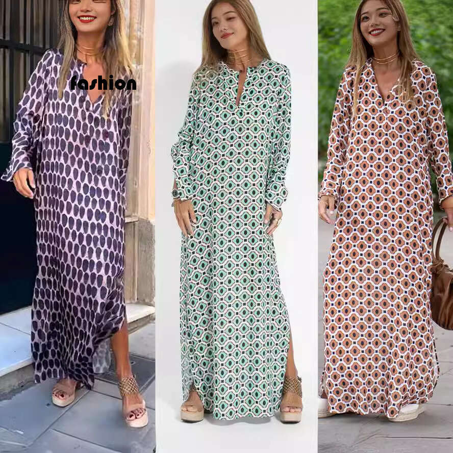 Jinghu District Goddess Style Polyester Large Hem Split Pullover Sleeve Slit V-Neck Shirt Long Dress B5 g5