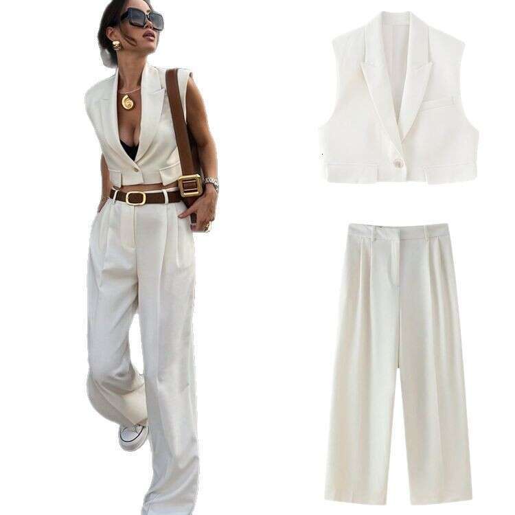 TRAFZA Spring New Fashion Casual High-End Short Vest Top High-Waisted Wide-Leg Pants Set B5
