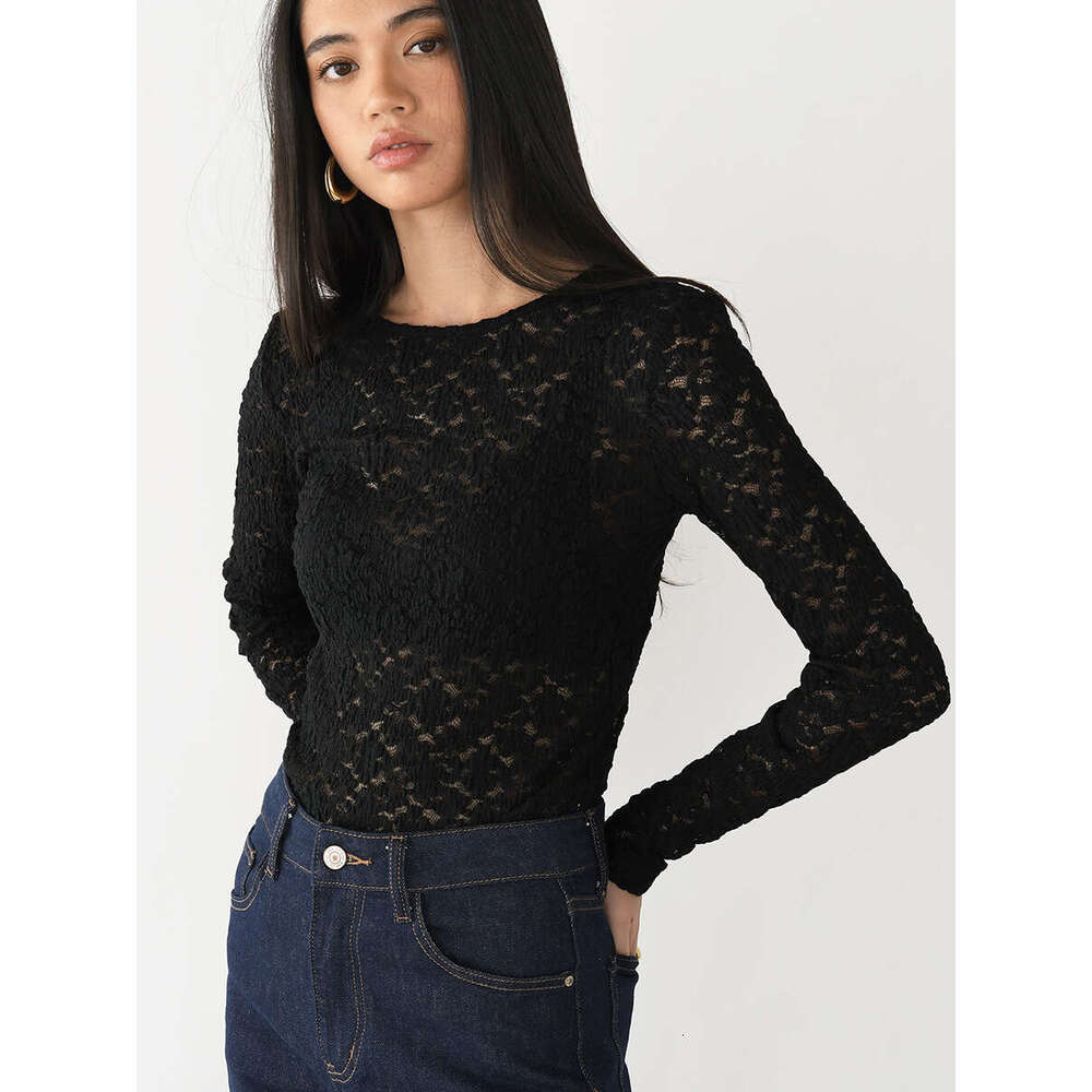 New Style Lace Hollow Out Base Shirt Pearl Button Split Tight Bell Long Sleeve T-Shirt For Women B5
