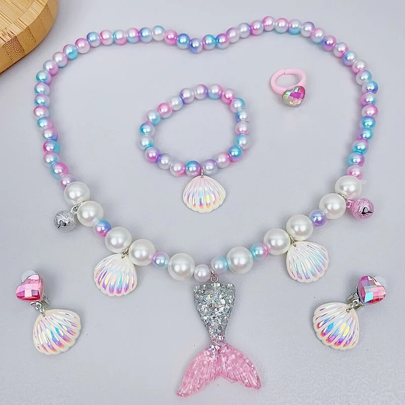 2/5pcs Girls Jewelry Sets Mermaid Pearl Necklace Bracelet Ring Earring Set Kids Toys Children Princess Fashion Accessories 250715
