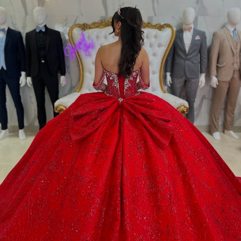Red Shiny Quinceanera Dresses Ball Gown Off The Shoulder Sequin Applique Lace Beading Crystal Bow Tull Corset Party Birthday Sweet 16 Dress Vestidos 1
