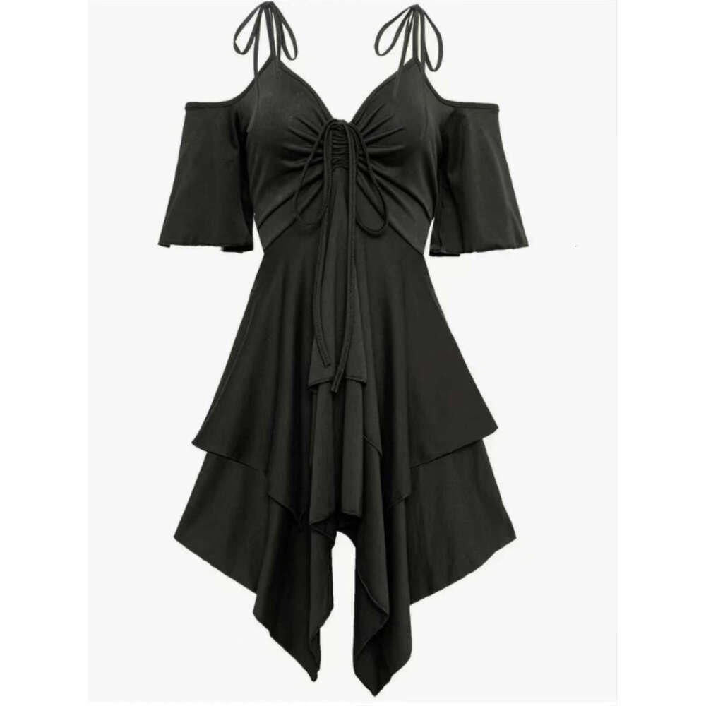 Spring Summer New Women's Street Fashion V-Neck Cold Shoulder Short Sleeve Casual Plus Size Tie Dress B5