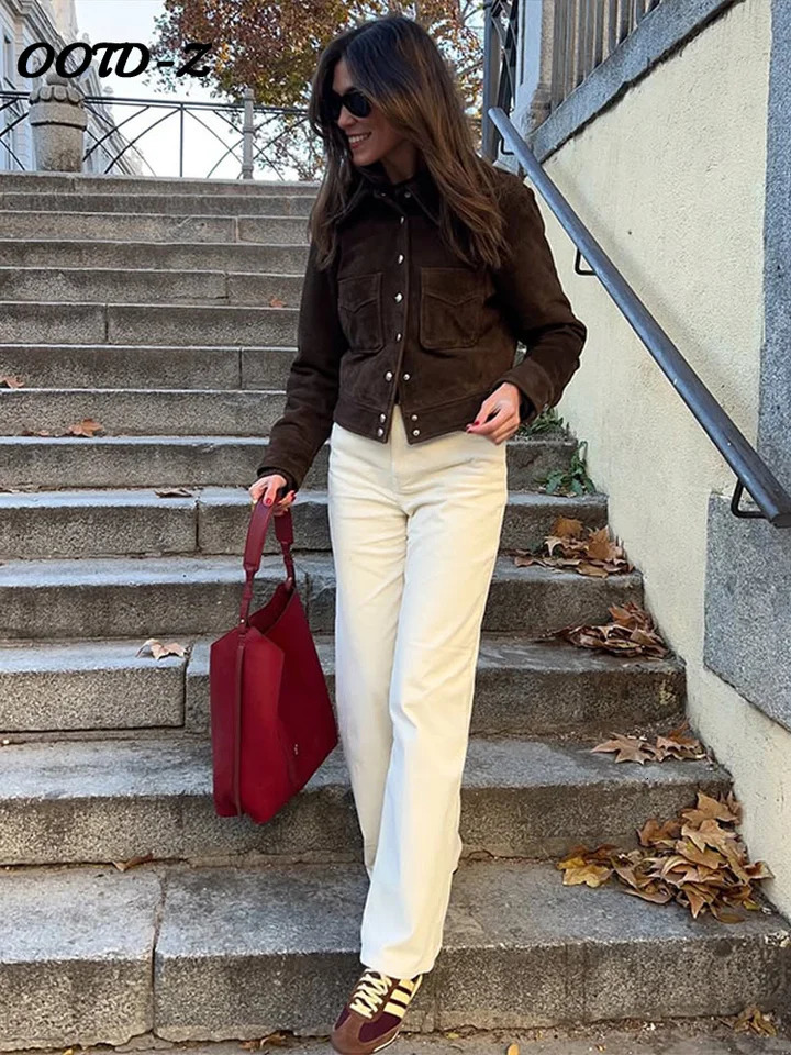 Fashion Suede Women Jacket Casual Pocket Brown Button Turn-down Collar Long Sleeve Lady Coat 2025 Spring Female Outwear 250715