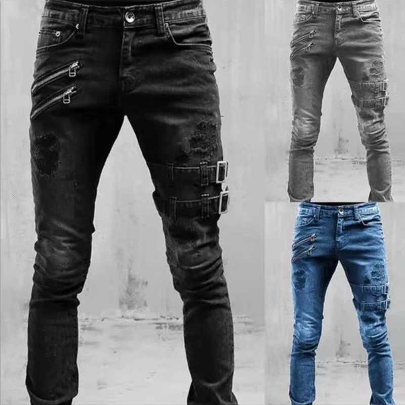Street Skinny Ripped Jeans Men Denim Cargo Pants Wash Solid Color Casual Mid Waist Trousers Slim Daily Wear Joggers Y2K Clothing X2507181