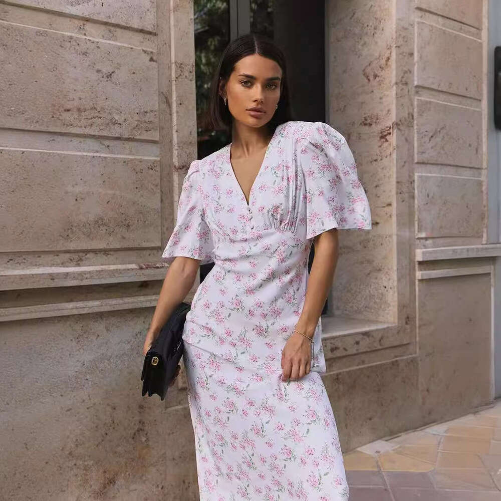 Short Sleeve Summer New V-Neck Regular Shoulder High Waist Long Floral Dress B5