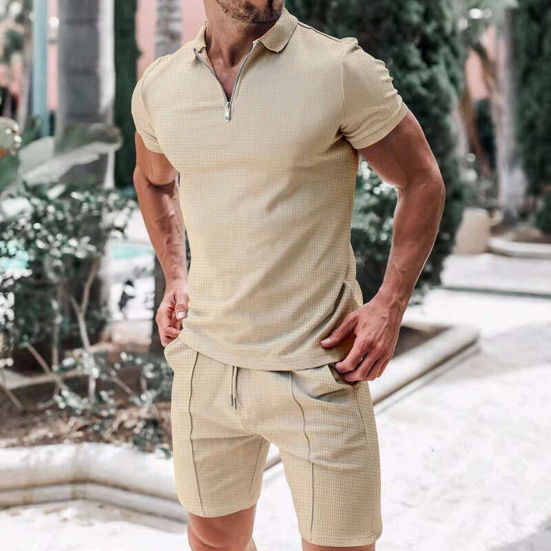 Summer Men's Zipper Polo T-Shirt Casual Loose Short Sleeve Shorts Sports Set B5
