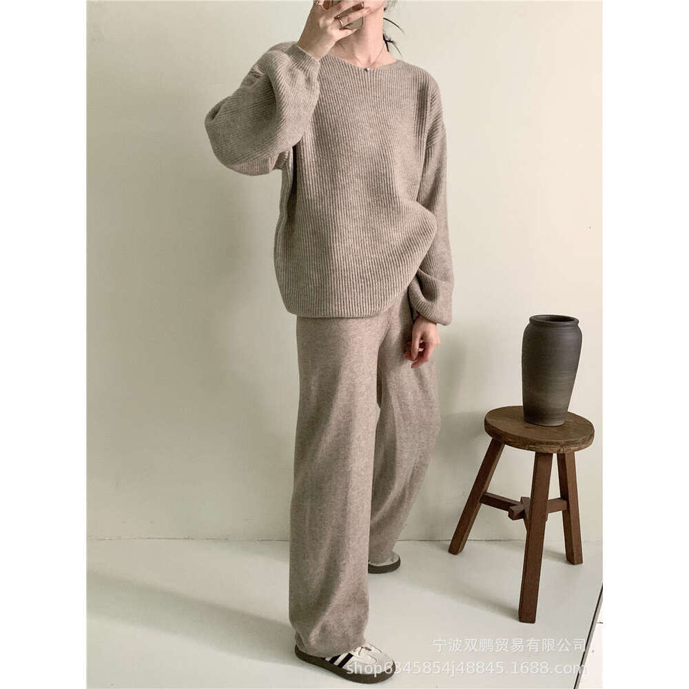 Loose Knit Set For Women Autumn Winter New Round Neck Sweater + Wide Leg Pants B5
