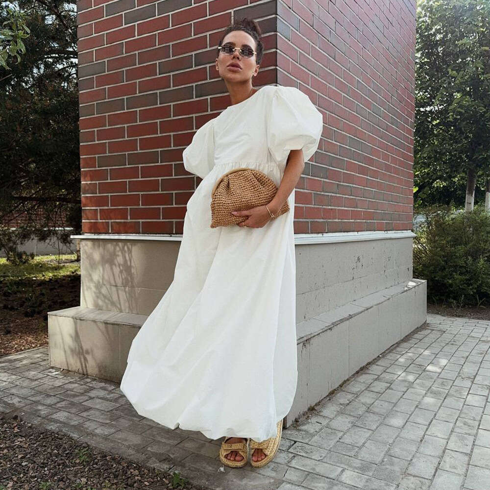 100% Cotton Round Neck Puff Sleeve Spring Summer New Solid Color Loose Casual Dress For Women B5