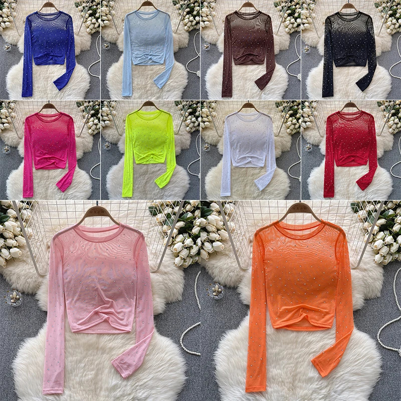 Women Chic Rhinestone Mesh Sheer Long Sleeve Crop Tops Slim Fit Sexy See Through T-shirts Fashion Party Nightclub T-shirt 250714