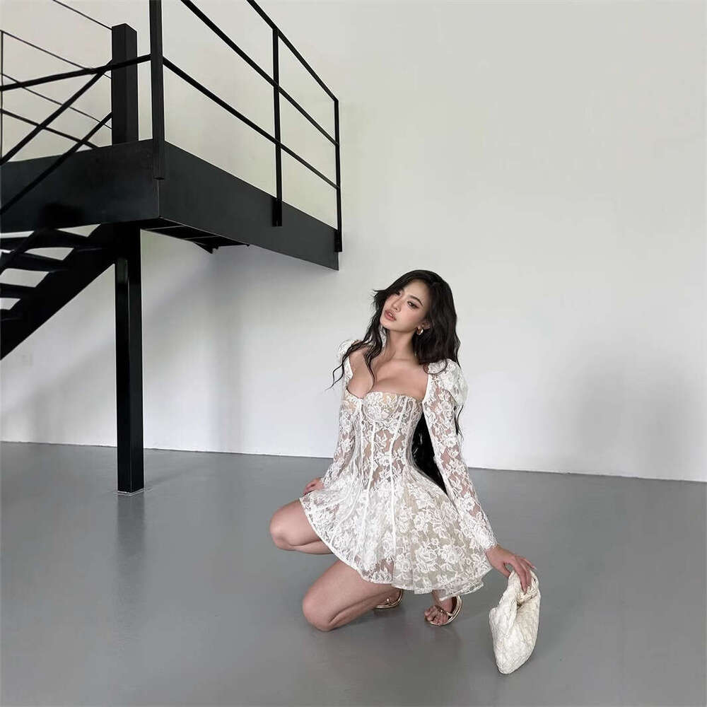 25 Spring Summer Vietnamese Design Sense Niche Fairy Square Neck Sexy Strapless Flared Sleeve Waist-Cinching Ruched Lace Dress B5