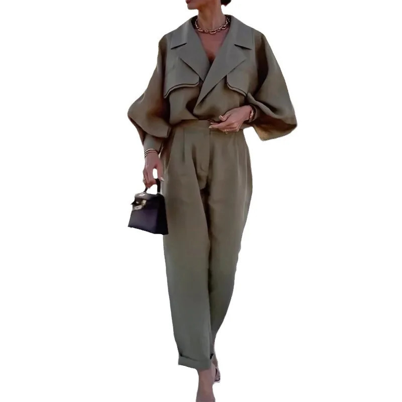Two Piece Sets Women Pant Set Turn Down Collar Full Sleeve Tops Coats High Waist Long Pants Elegant Splice Slim Fit Summer 250715