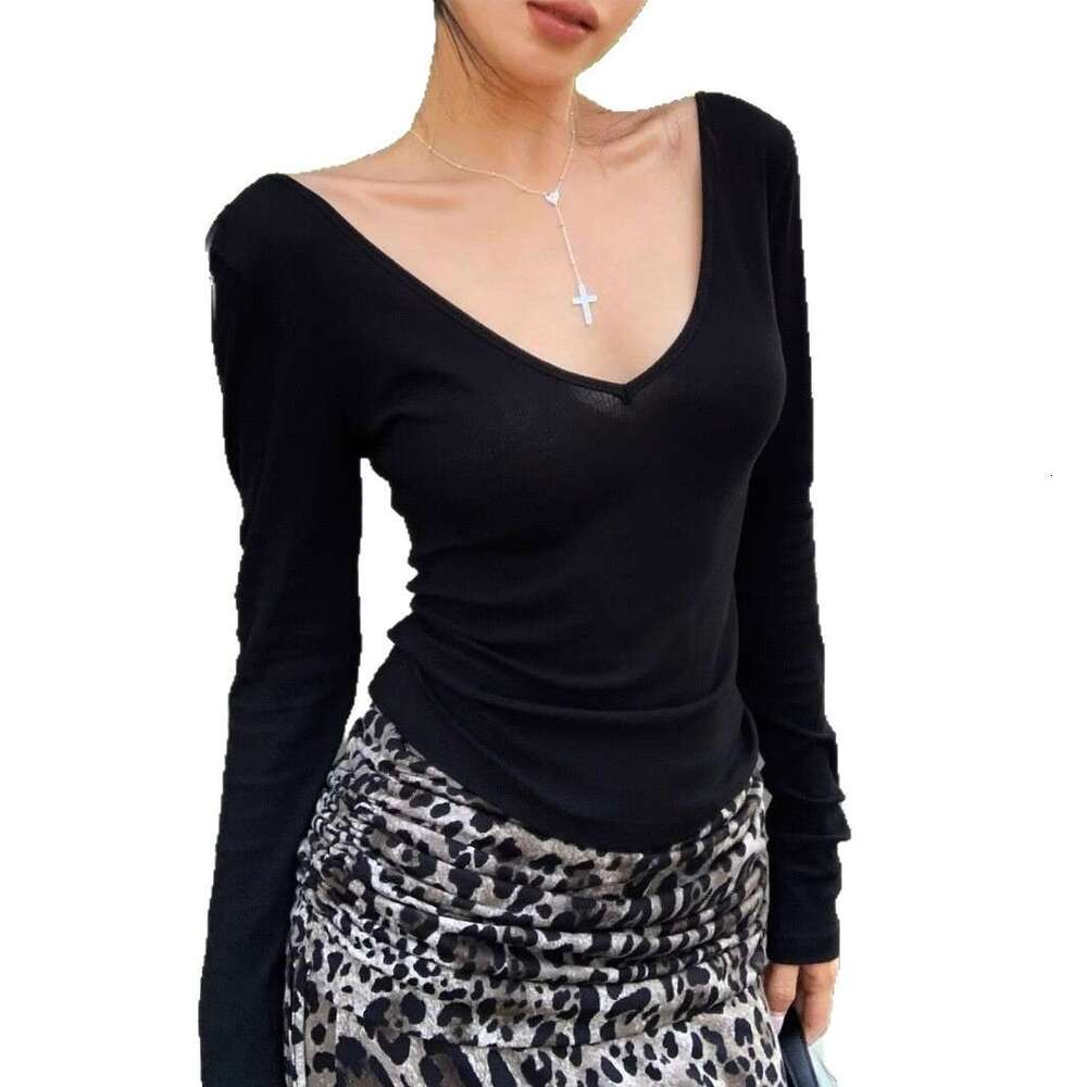 American Style Spicy Girl V-Neck Black Long Sleeve T-Shirt For Women, Autumn Basic Style, Slimming Base Shirt Top B5