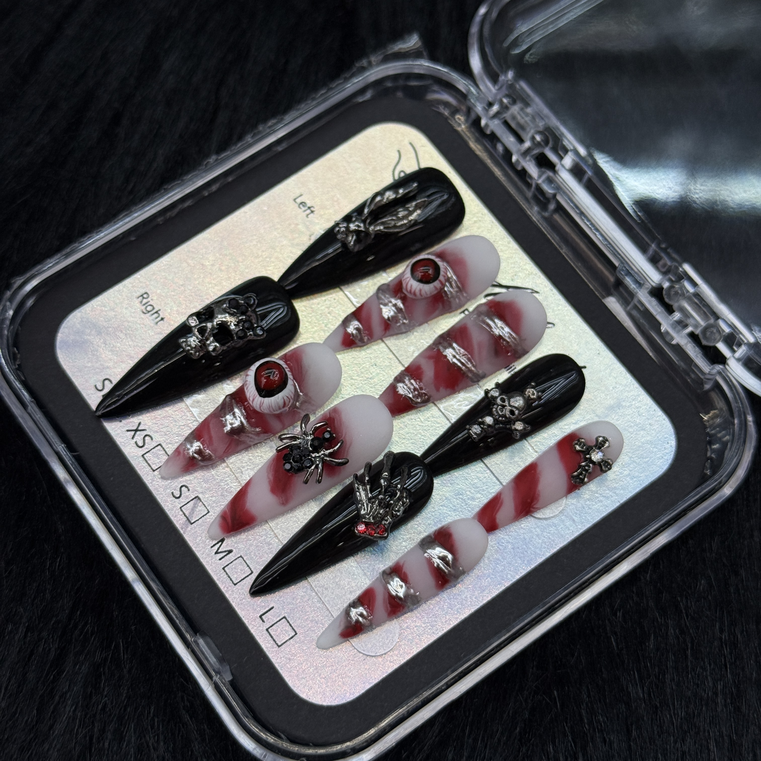 False Nails 10pcs Extra Long Stiletto Black Red White Swirl Gothic Halloween Nail Art with Skull Spider Rhinestones Full Cover Press On DIY Handmade p