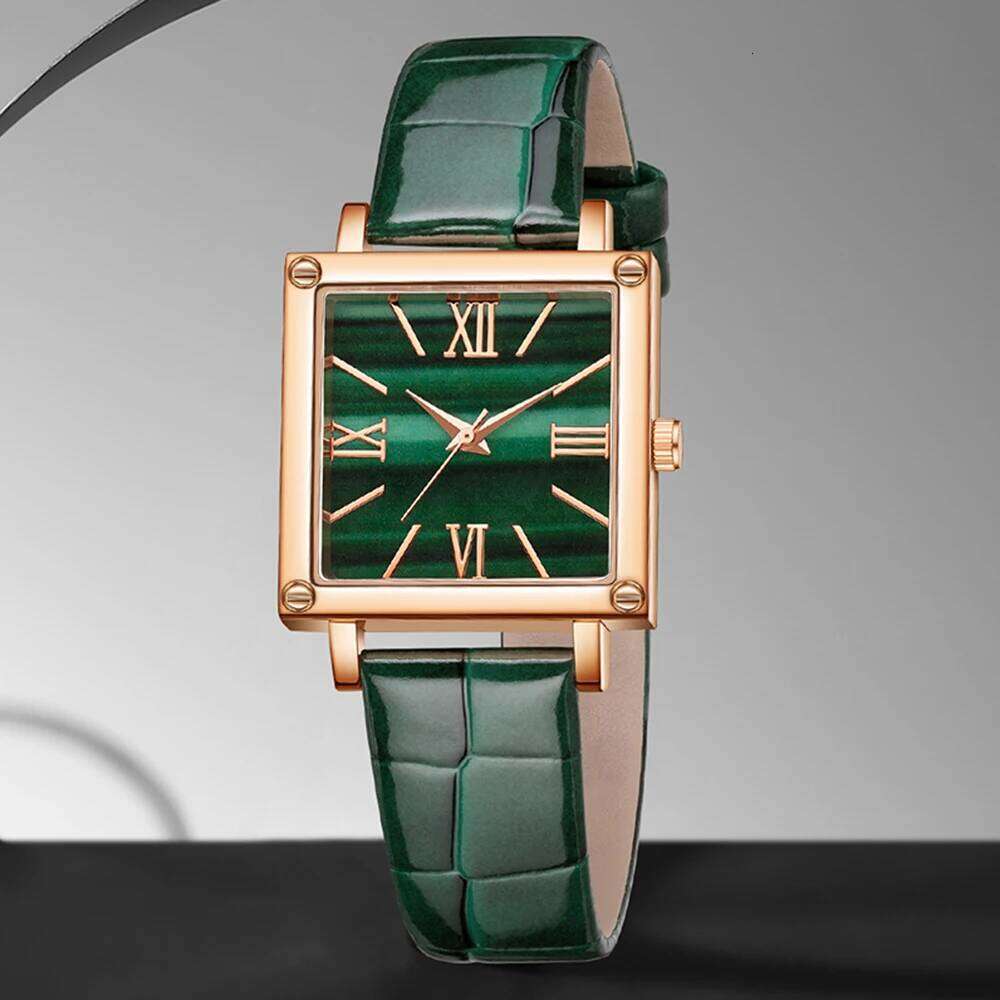 free shipping 9PCS Green Women's Fashion Trend Simple Rectangular Dial Quartz Watch Bracelet Necklace Earrings Set Perfect Gift free