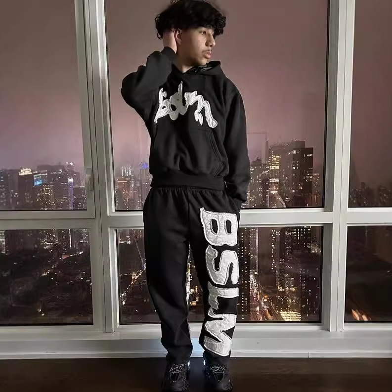 Fashion 3D Digital Letter Print Hooded Loose Sweatshirt American Style Trend Unisex Set 250718