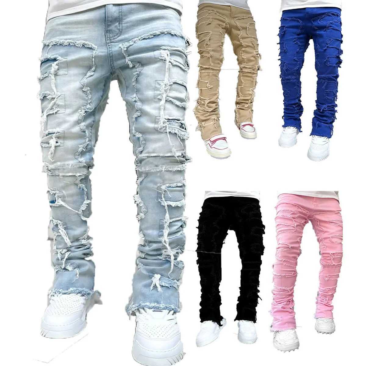 Stretchy Vintage Blue Stacked Jeans For Men Premium Raw Frayed Denim Destroyed Washed Patchwork Pants New X2507181