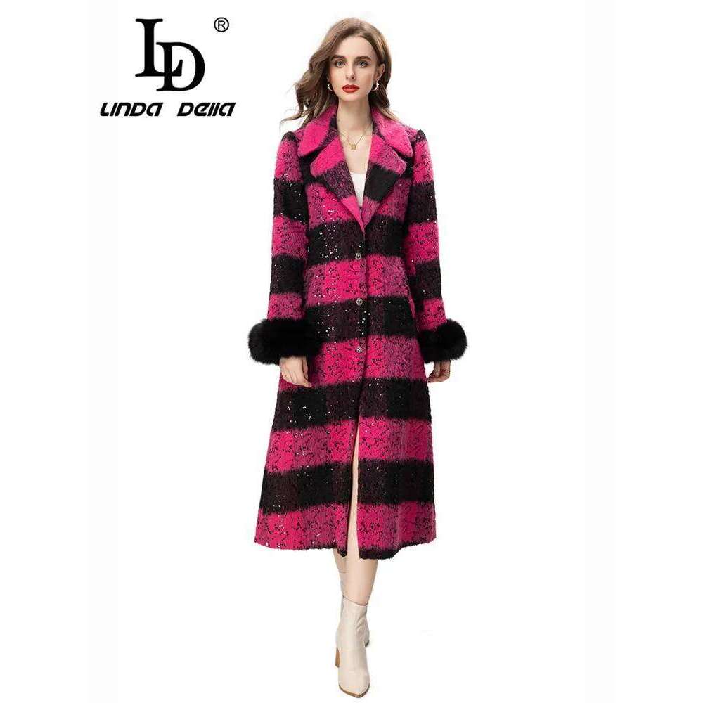 LD LINDA DELLA Winter Fashion Warm Women Color Match Single-Breasted Belt Sequin Detachable Feather Long Sleeve Coat