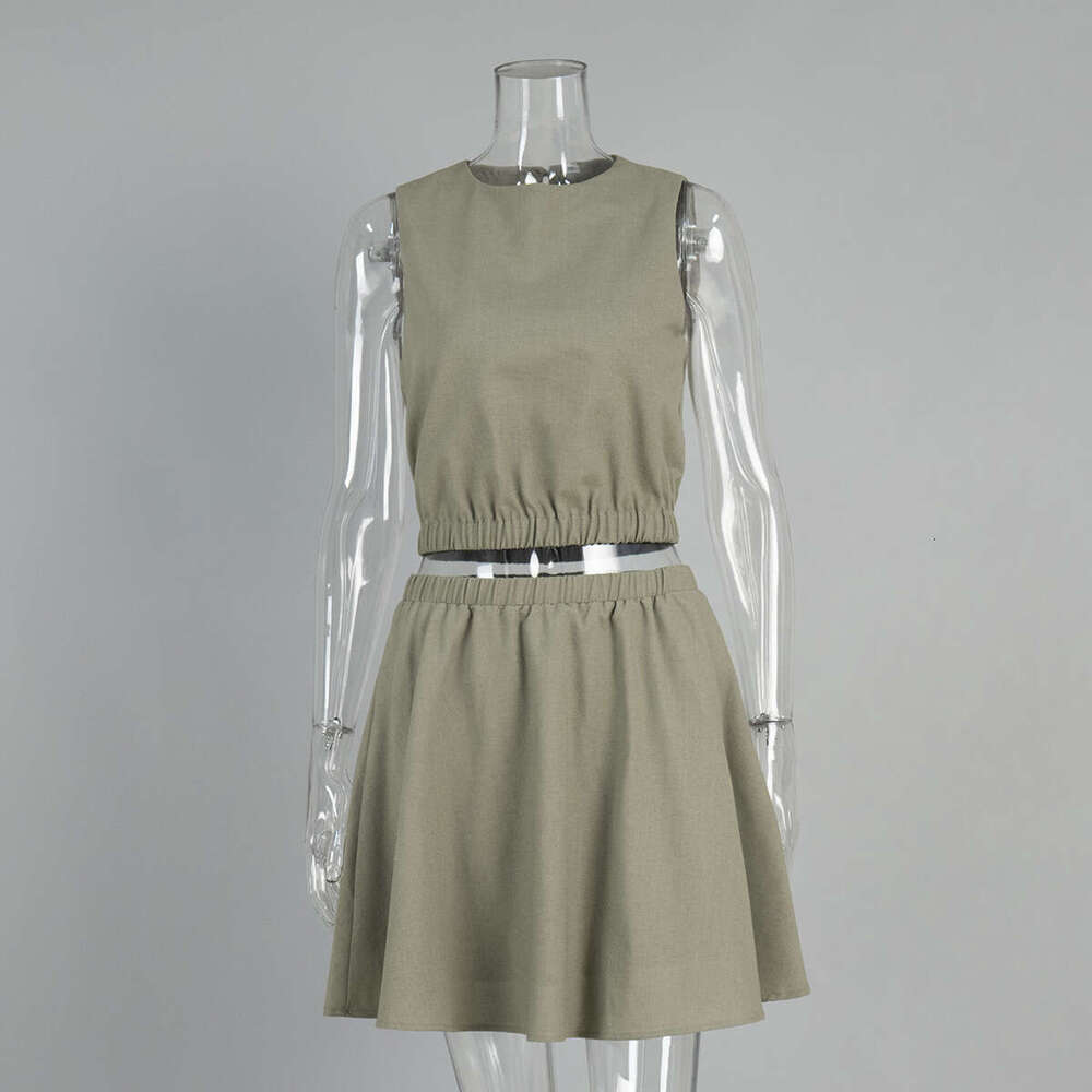 Round Neck Vest Pleated Spring Summer New Cotton Linen Comfortable Short Skirt Casual Set For Women B5