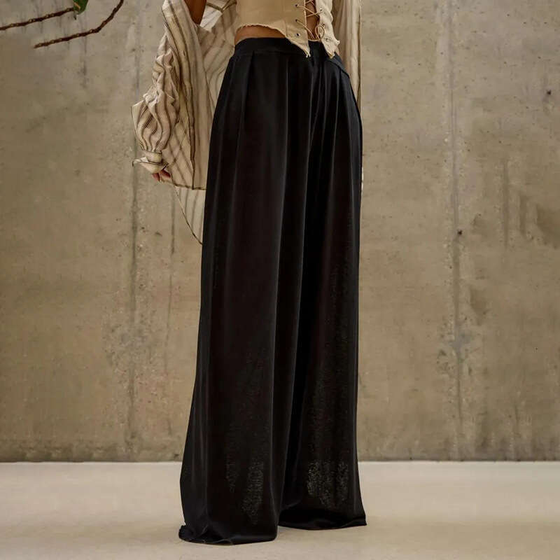 Summer New Women's Casual Straight Wide-Leg Long Pants Slightly Sheer Ruffled Elastic Waist B5